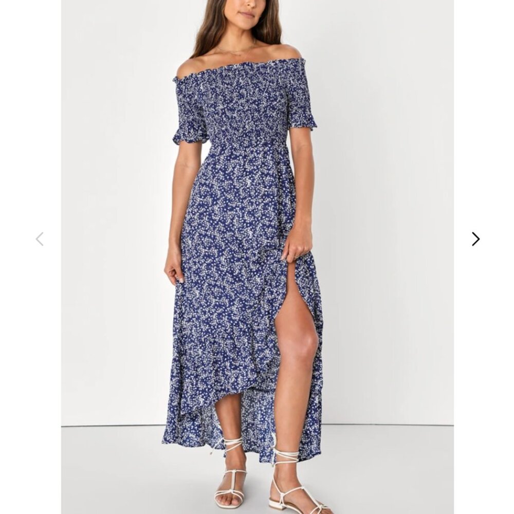 Fleur-tation Navy Blue Floral Print Off-the-Shoulder Midi Dress